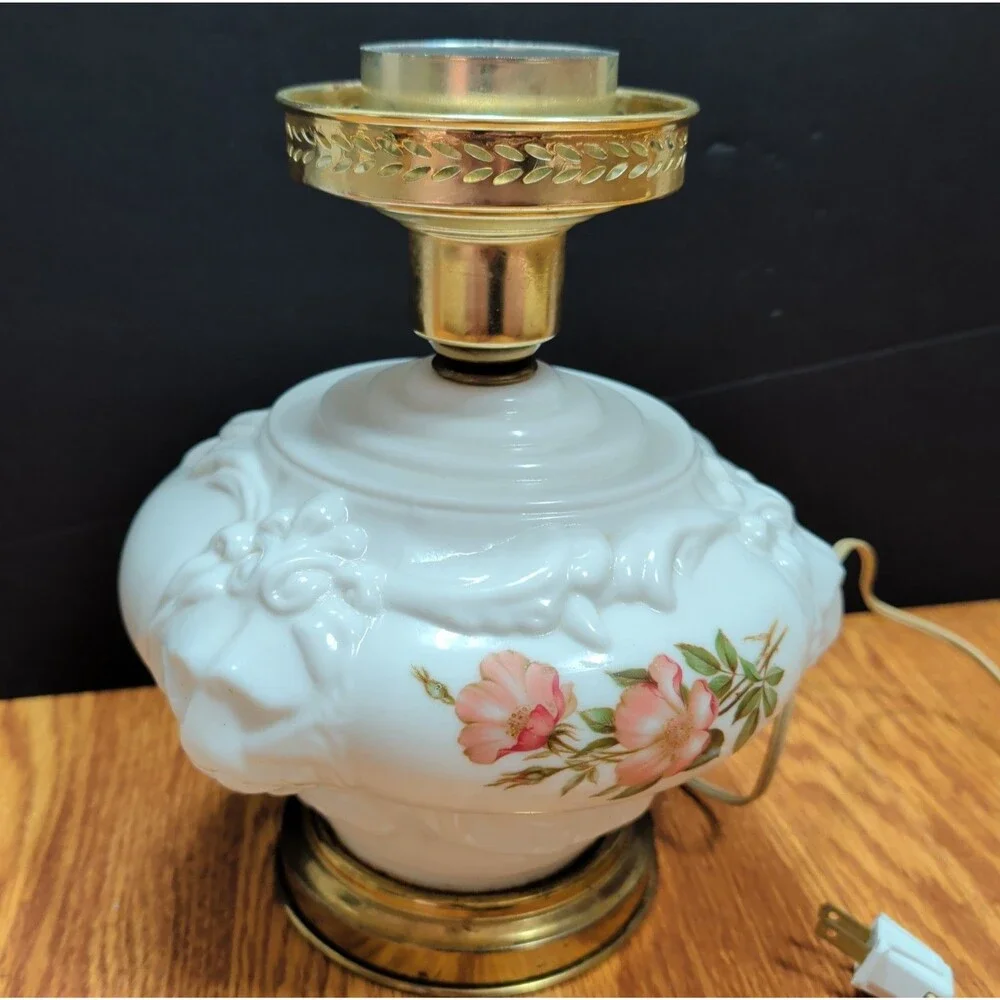 Vtg Milk Glass Table Lamp Base Embossed Lion Head Mask Pink Floral Rose